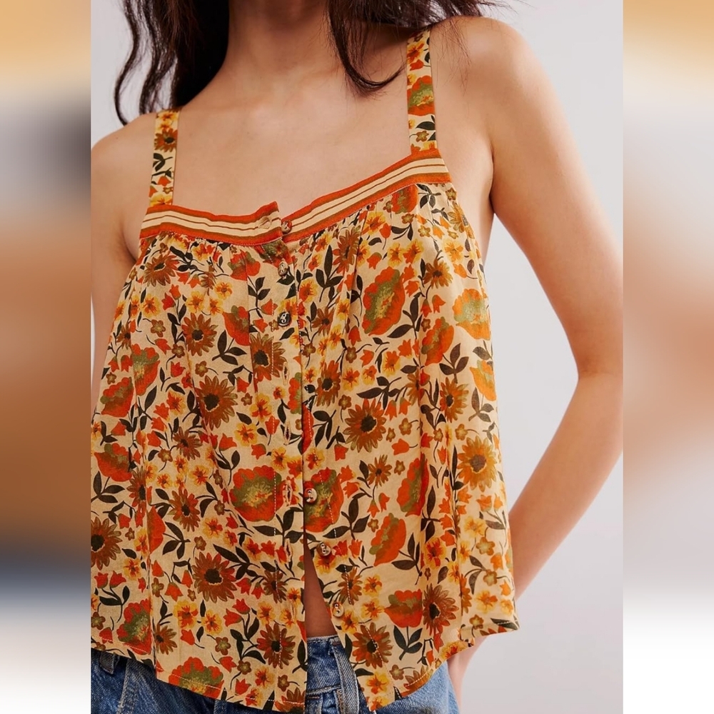 Vintage Style Floral Print Tank Top in Orange And Green